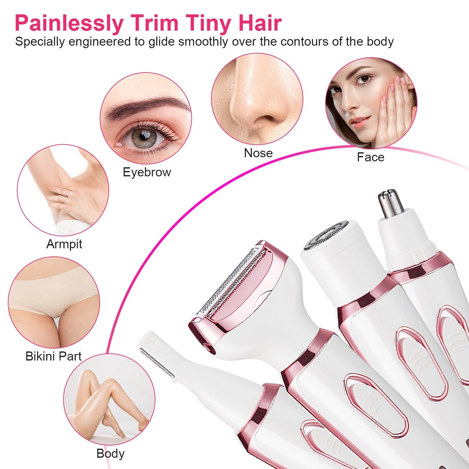 1Pc 4 In 1 Electric Razor For Women Painless Grooming Kit Rechargeable Eyebrow Nose Hair Pubic Hair Bikini Trimmer Face Shaver