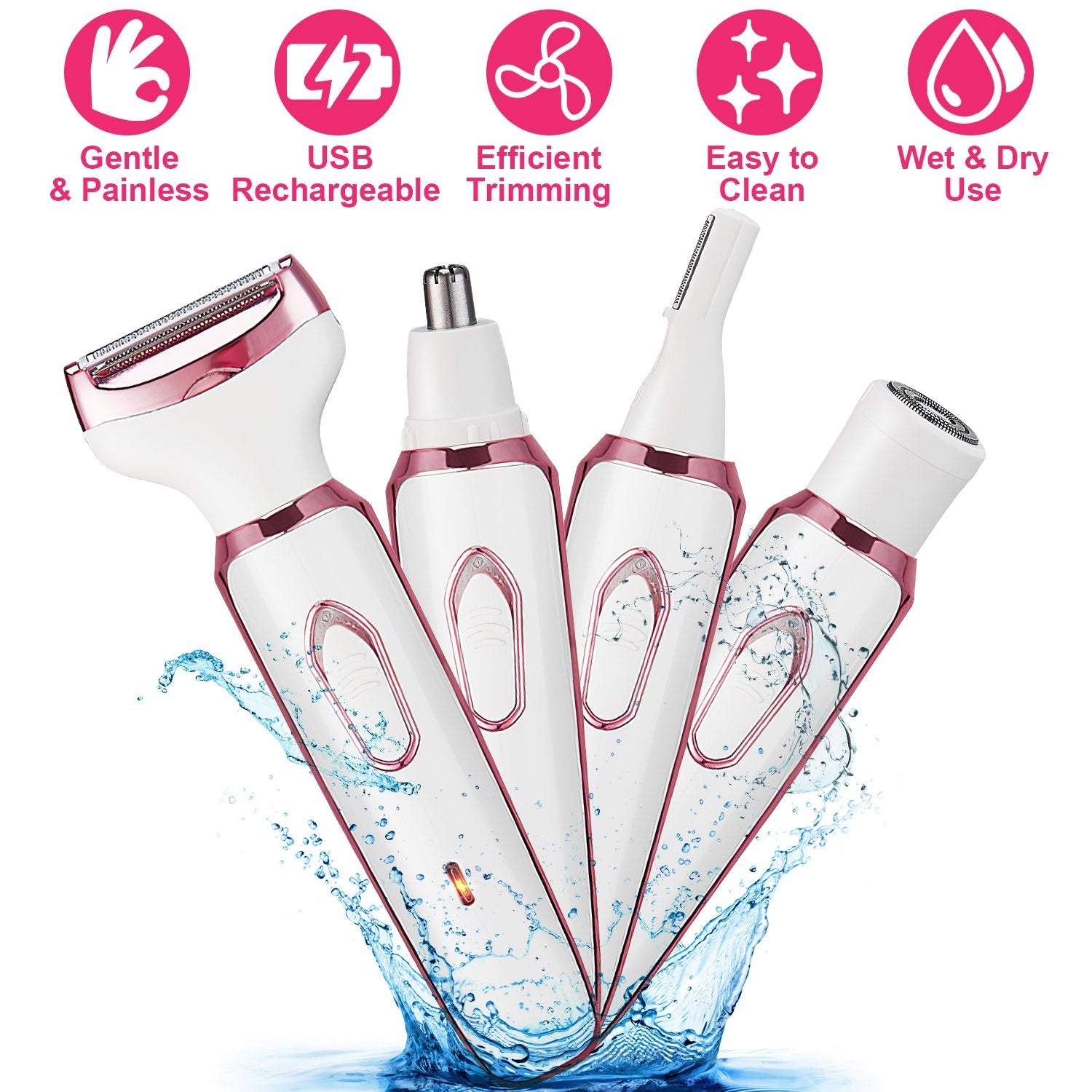 1Pc 4 In 1 Electric Razor For Women Painless Grooming Kit Rechargeable Eyebrow Nose Hair Pubic Hair Bikini Trimmer Face Shaver